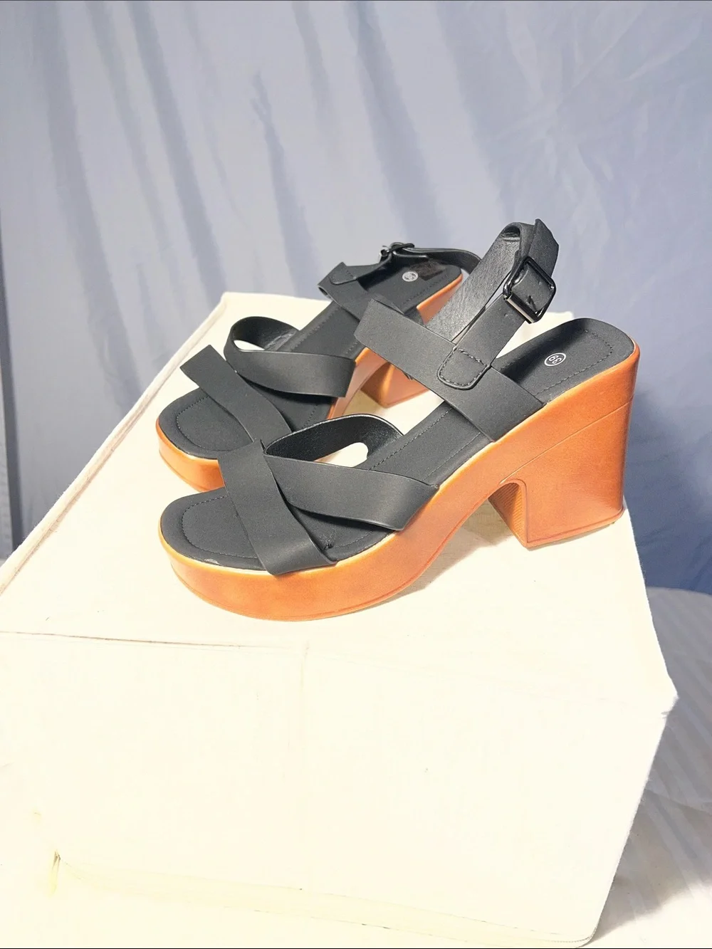 SHEIN Black Strappy Platform Sandals with Tan Block Heel